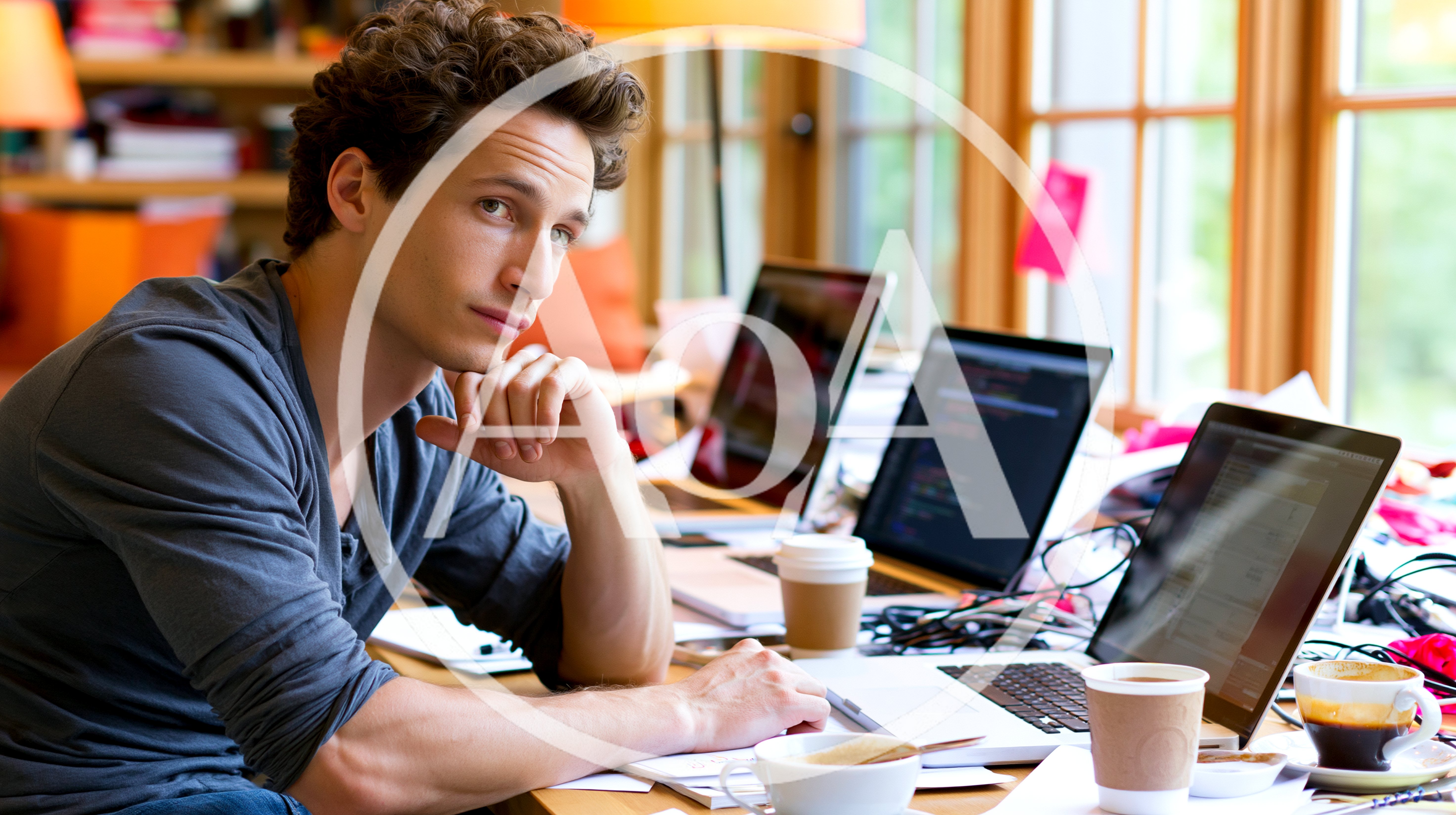 Young Man Working On Multiple Laptops In Home Office