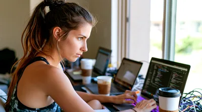 Young Female Software Developer Coding On Multiple Laptops