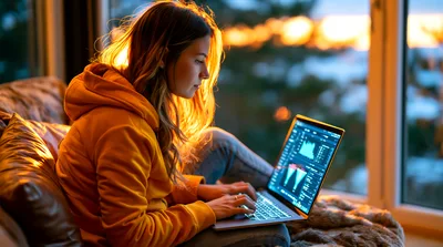 Young Woman Working On Laptop At Sunset