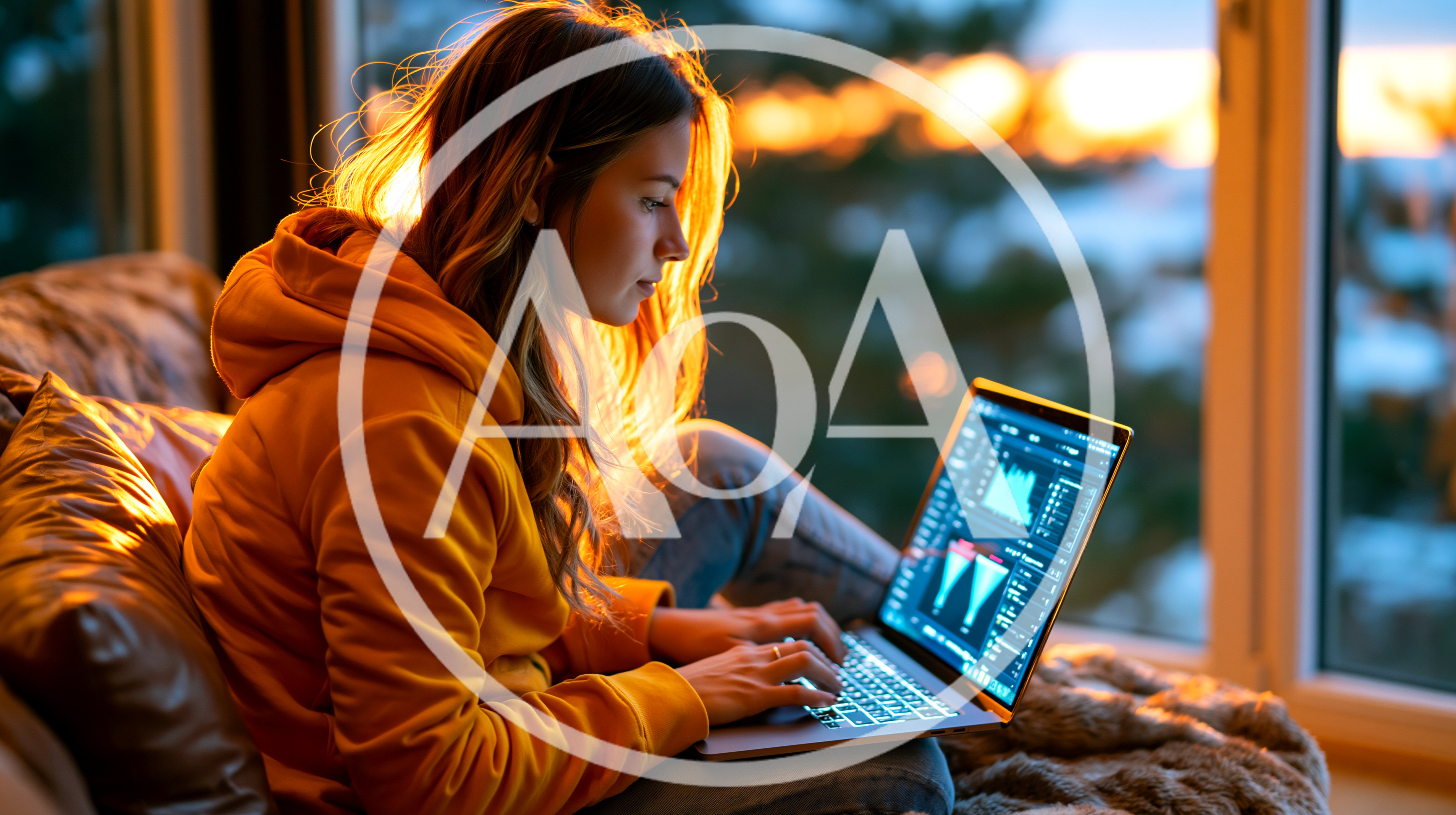 Young Woman Working On Laptop At Sunset