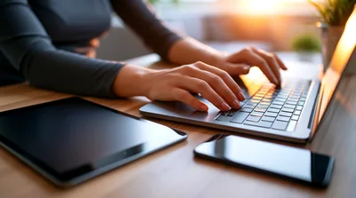 Woman Typing On Laptop With Tablet And Smartphone