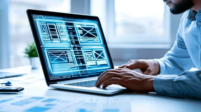Web Designer Working On Wireframe Layouts On Laptop