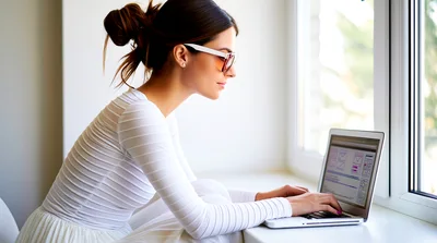 Young Woman Working On Laptop By A Bright Window