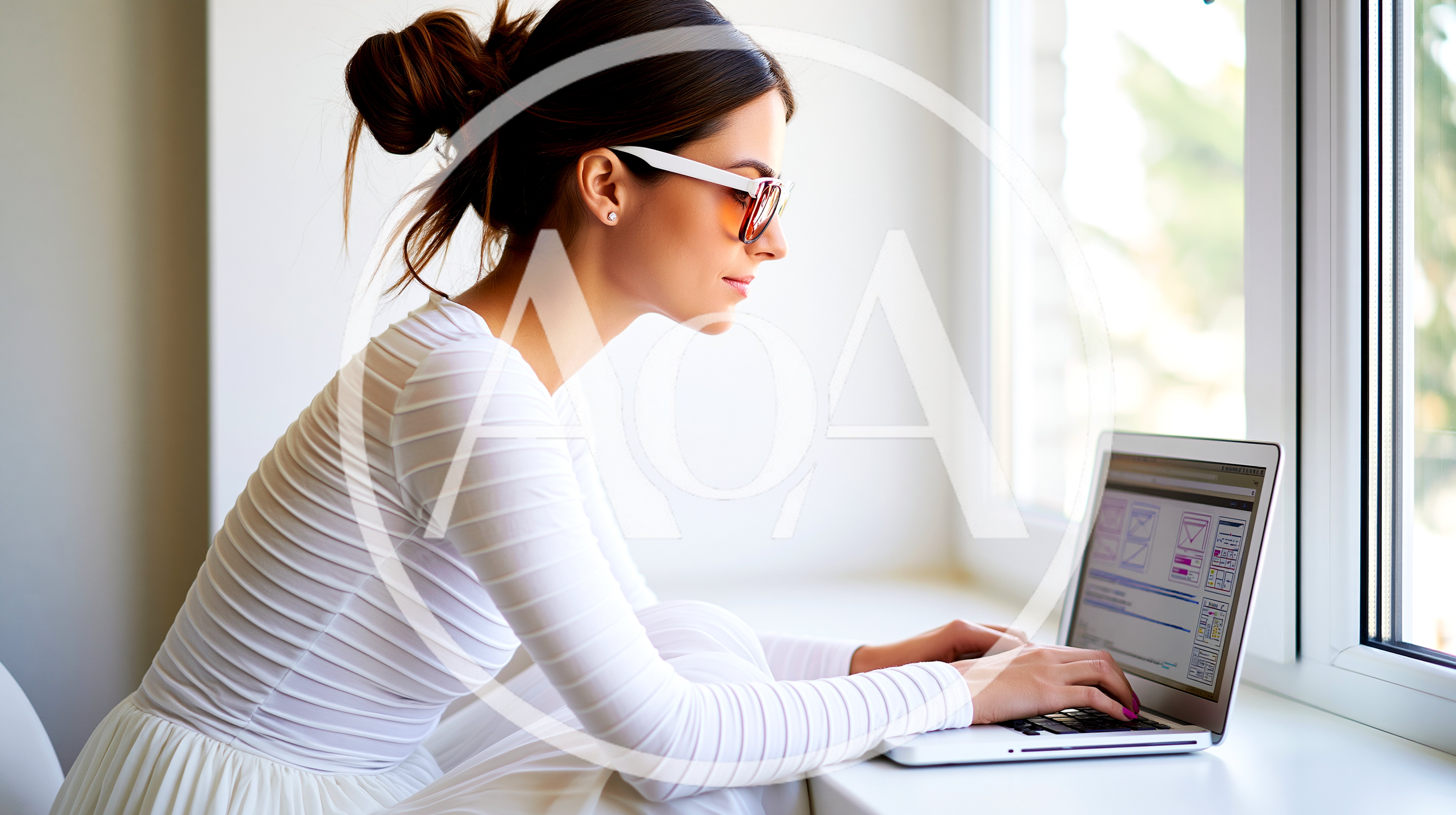 Young Woman Working On Laptop By A Bright Window