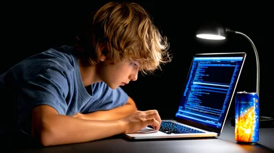 Young Programmer Coding on Laptop in Dark Room