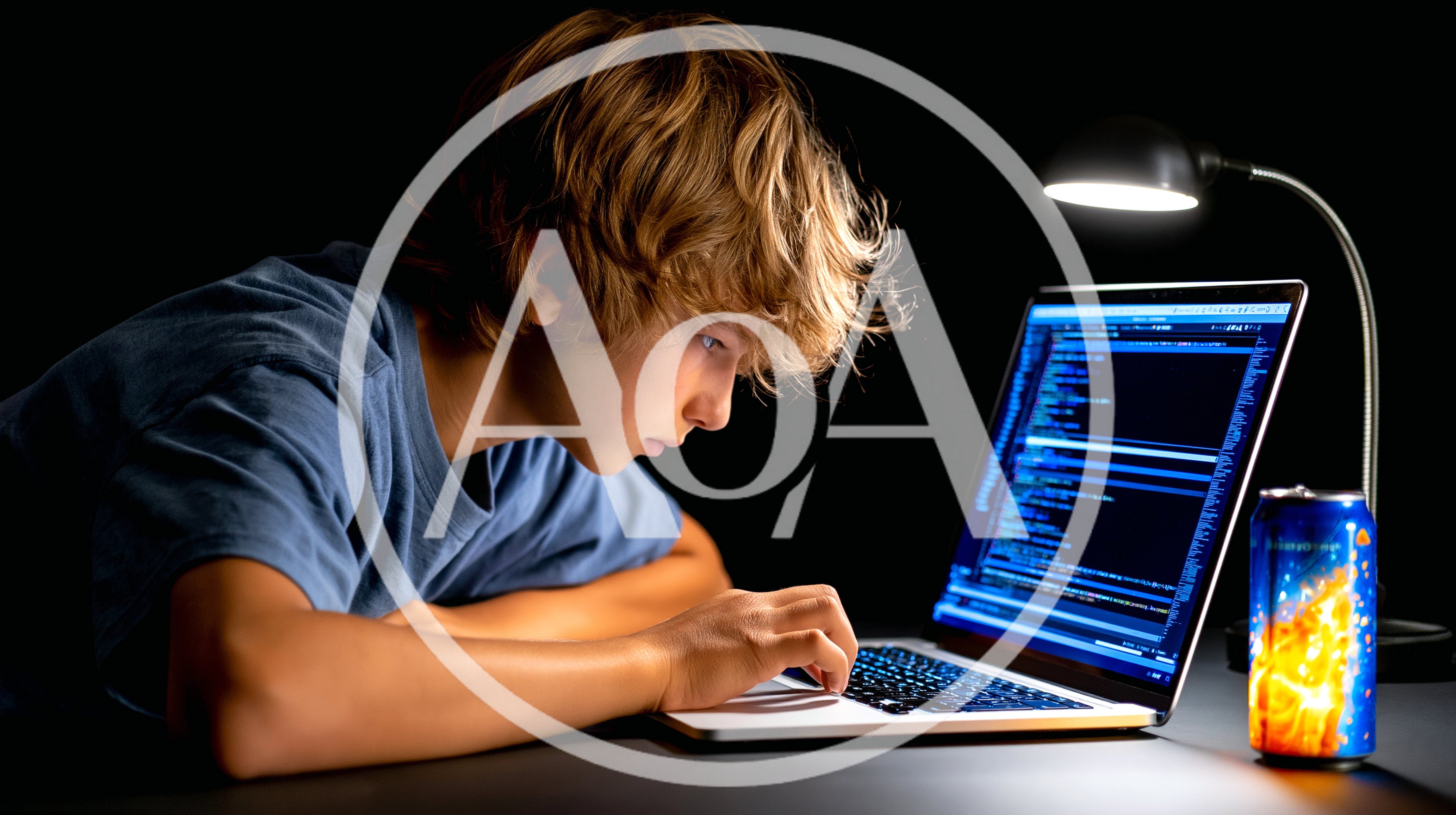 Young Programmer Coding on Laptop in Dark Room