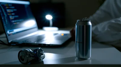 Programmer Working Late With Energy Drinks On Desk