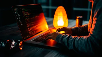 Software Developer Coding On Laptop In Dimly Lit Room