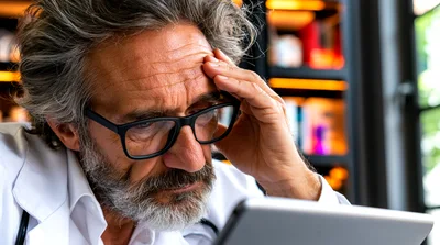 Stressed Mature Doctor Reviewing Medical Data On Tablet