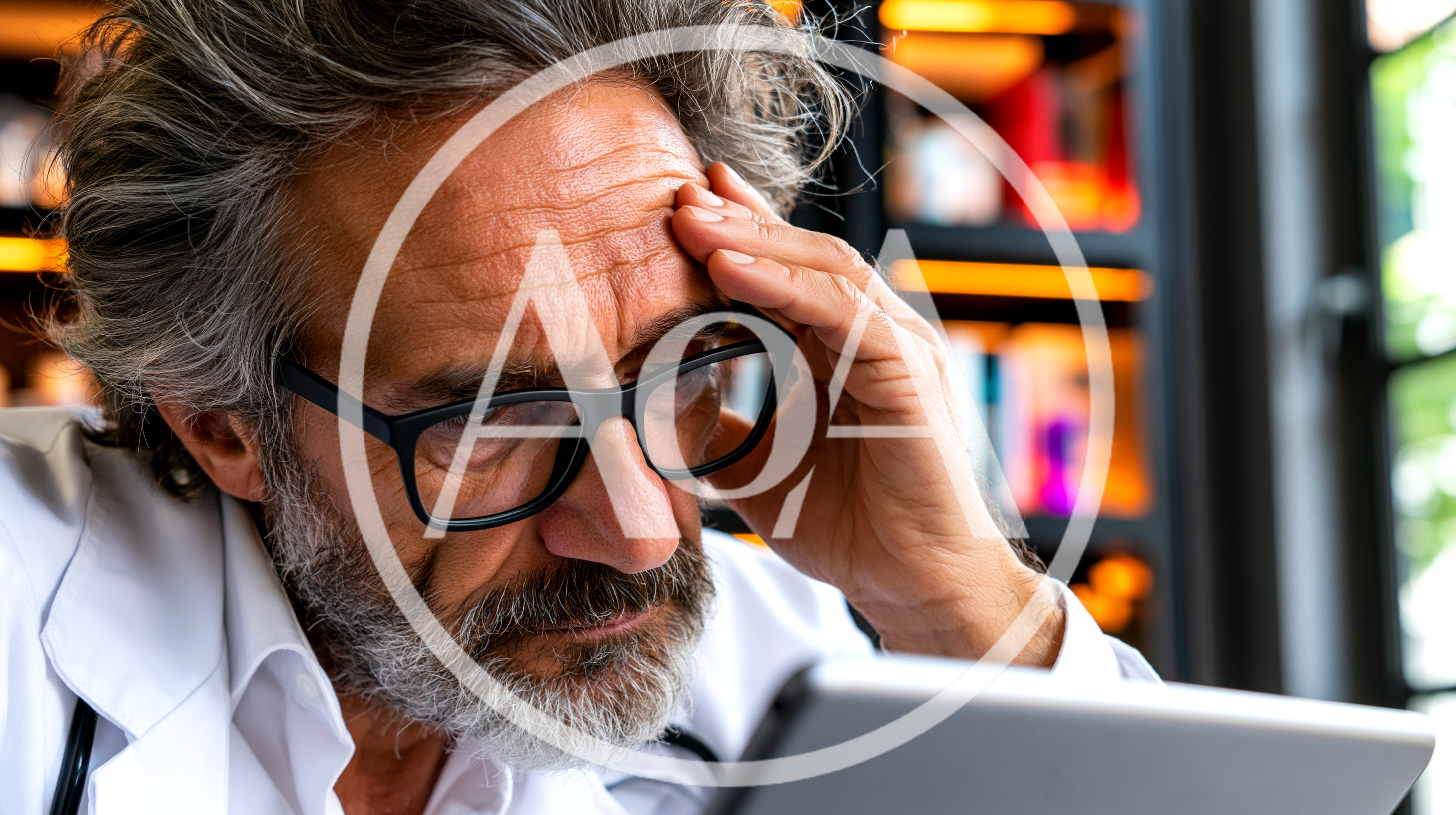 Stressed Mature Doctor Reviewing Medical Data On Tablet