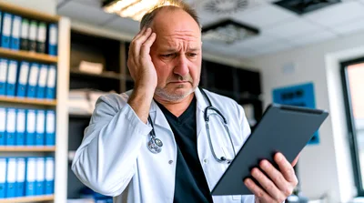 Stressed Doctor Looking At Digital Tablet In Office