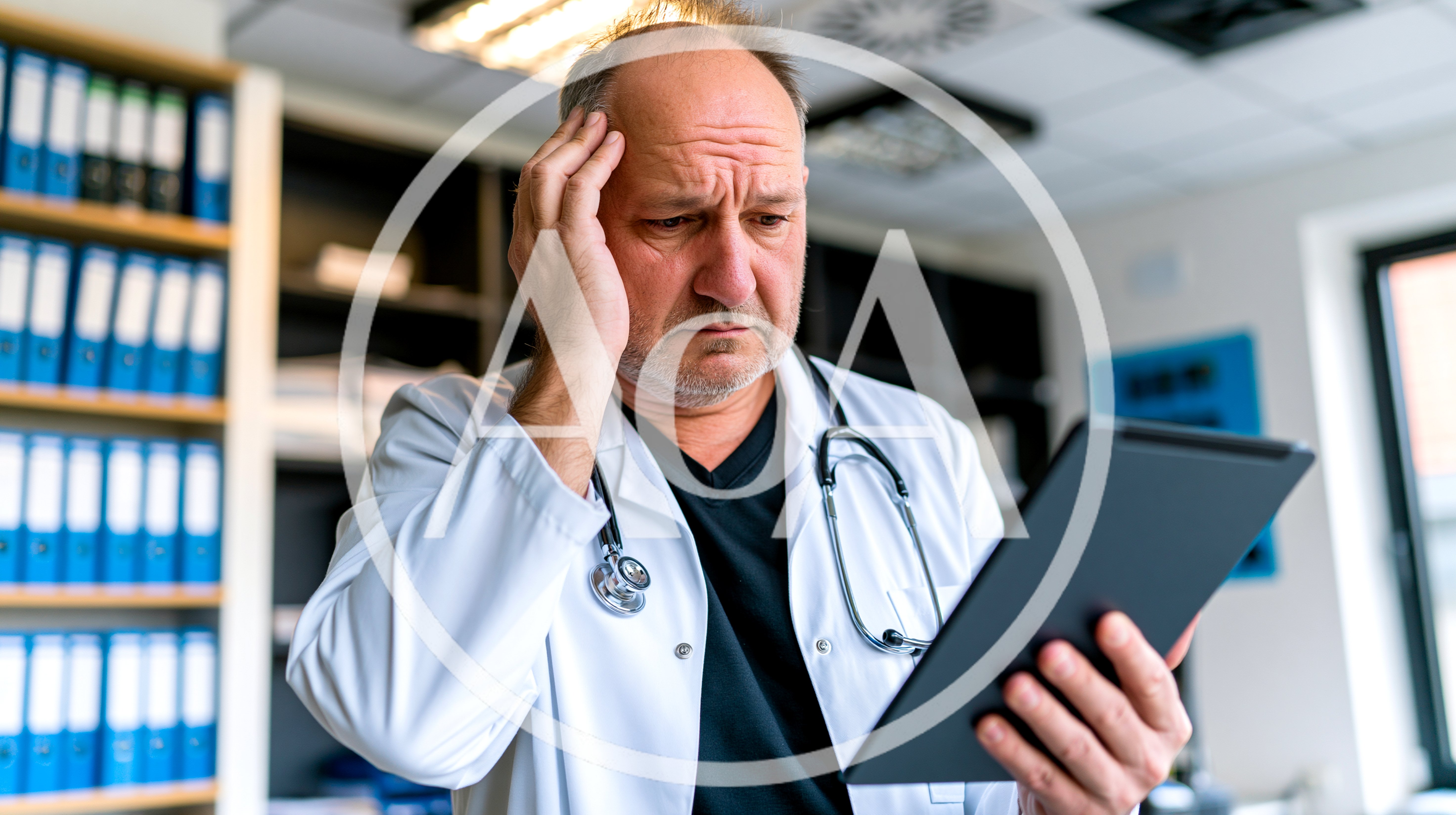 Stressed Doctor Looking At Digital Tablet In Office