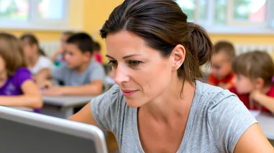 Female Teacher Using Laptop In A Classroom