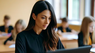 Female Teacher Working On Laptop In Classroom