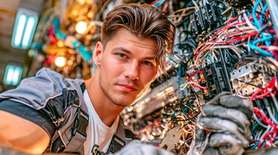 Young Electrician Working On Complex Electrical Control Panel