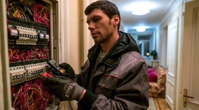Electrician Inspecting Residential Circuit Breaker Panel
