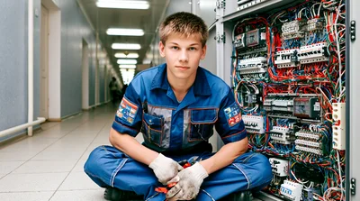 Young Electrician Working On Industrial Electrical Control Panel