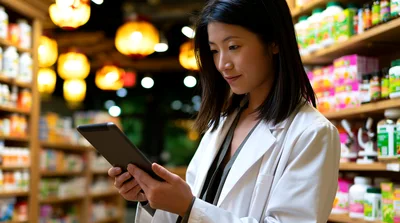 Pharmacist Using Digital Tablet In Pharmacy Store