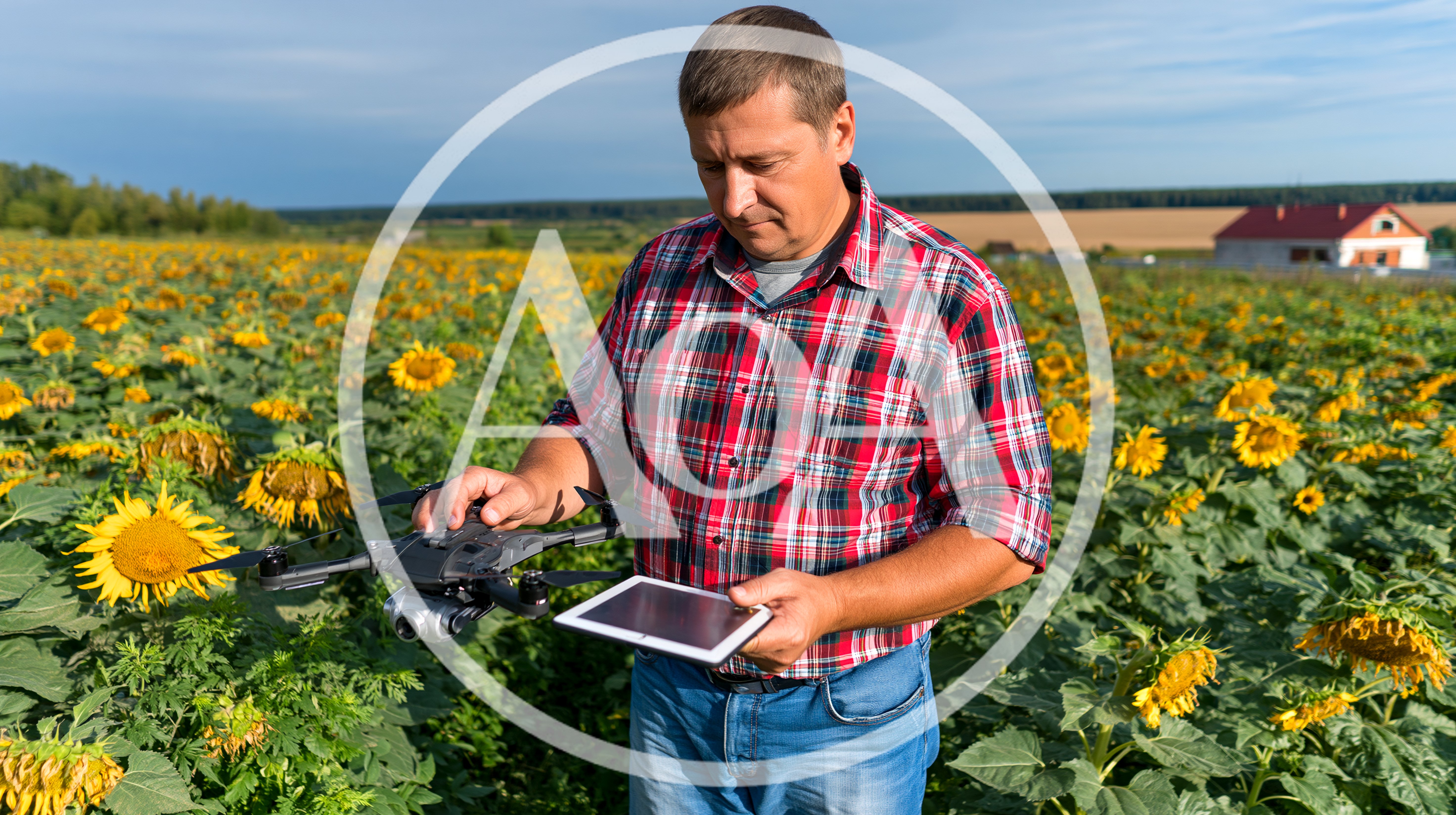 Farmer Using Drone And Tablet In Sunflower Field