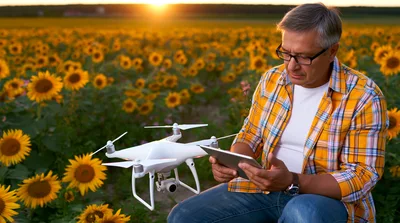 Farmer Using Drone Tablet In Sunflower Field