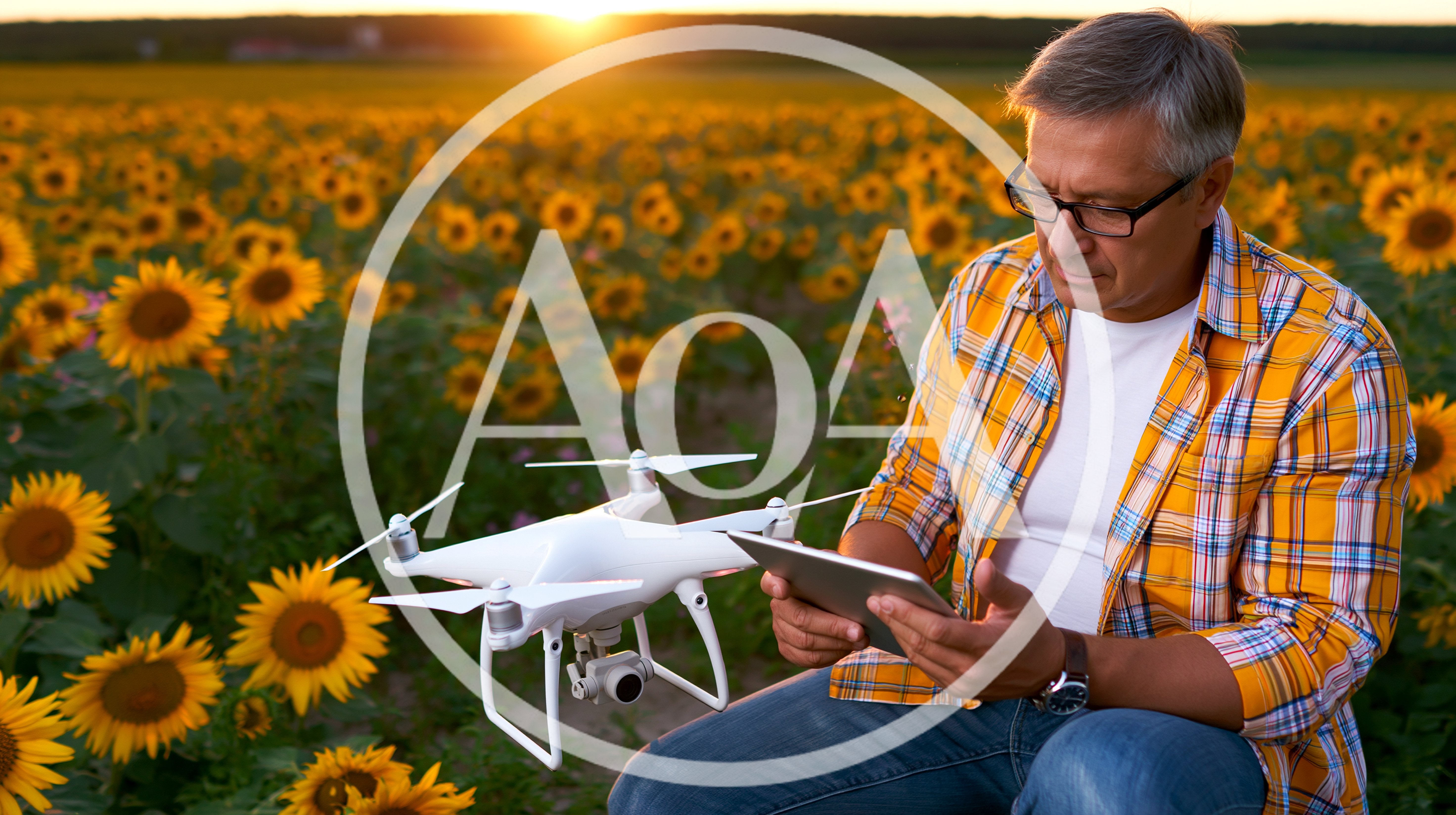 Farmer Using Drone Tablet In Sunflower Field