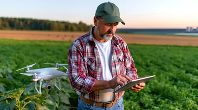 Farmer Using Drone And Tablet In Agricultural Field