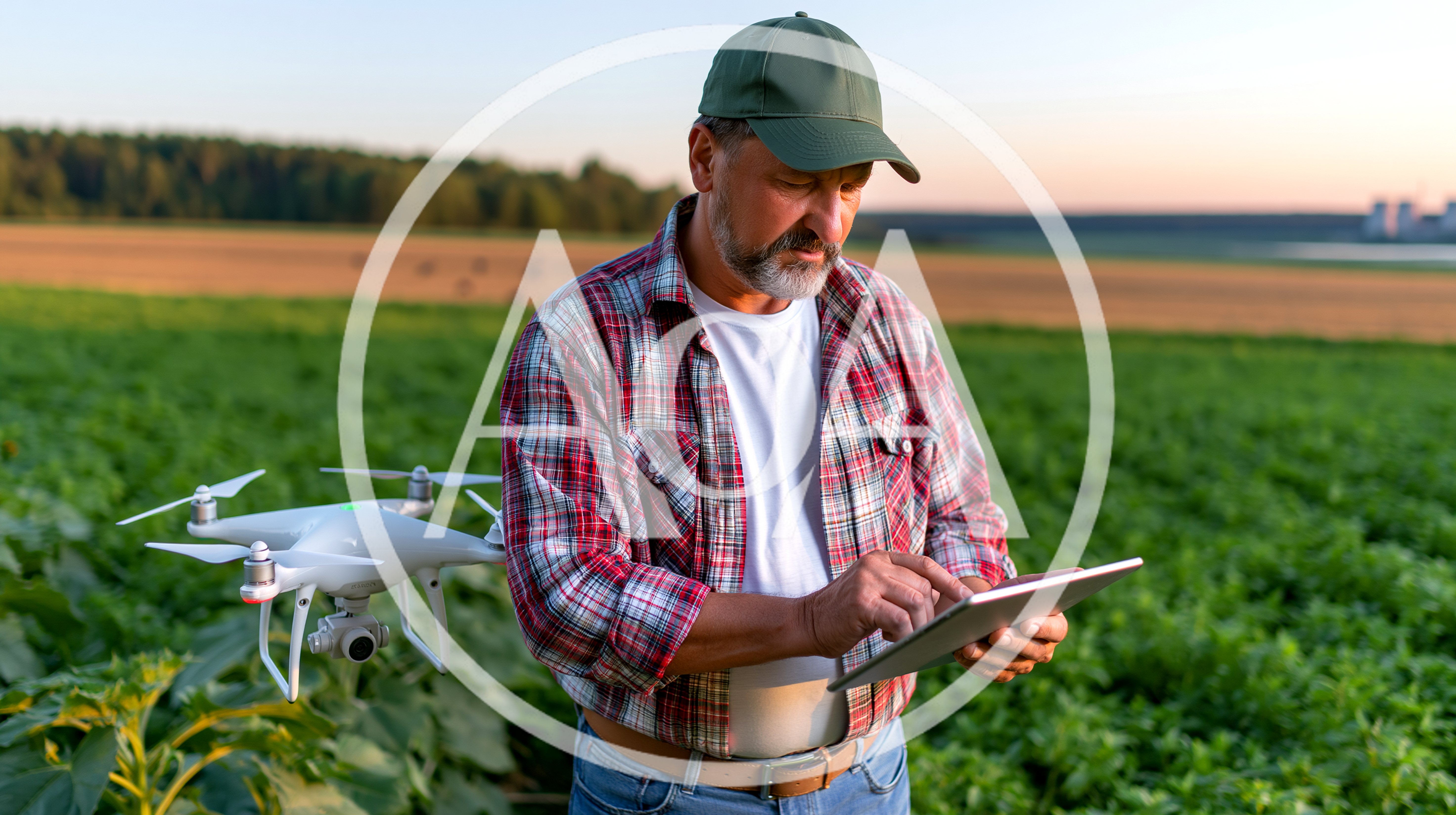 Farmer Using Drone And Tablet In Agricultural Field