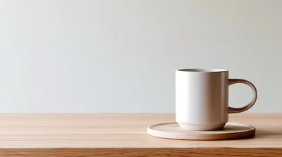 Minimalist White Coffee Mug On Wooden Coaster