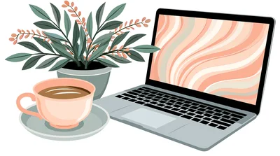 Laptop With Coffee Cup And Potted Plant Illustration
