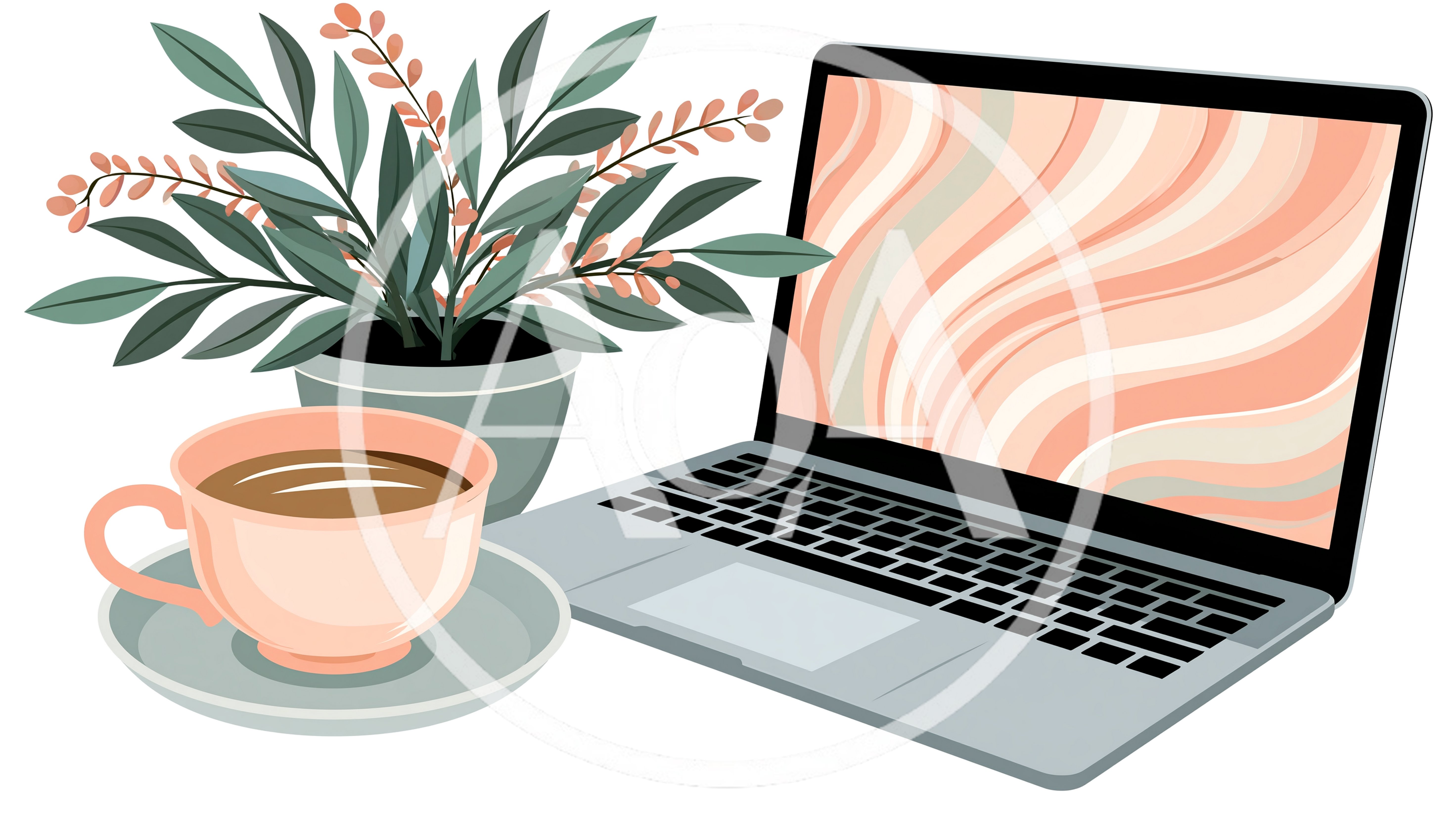Laptop With Coffee Cup And Potted Plant Illustration