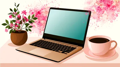 Laptop With Coffee And Flowers On Desk