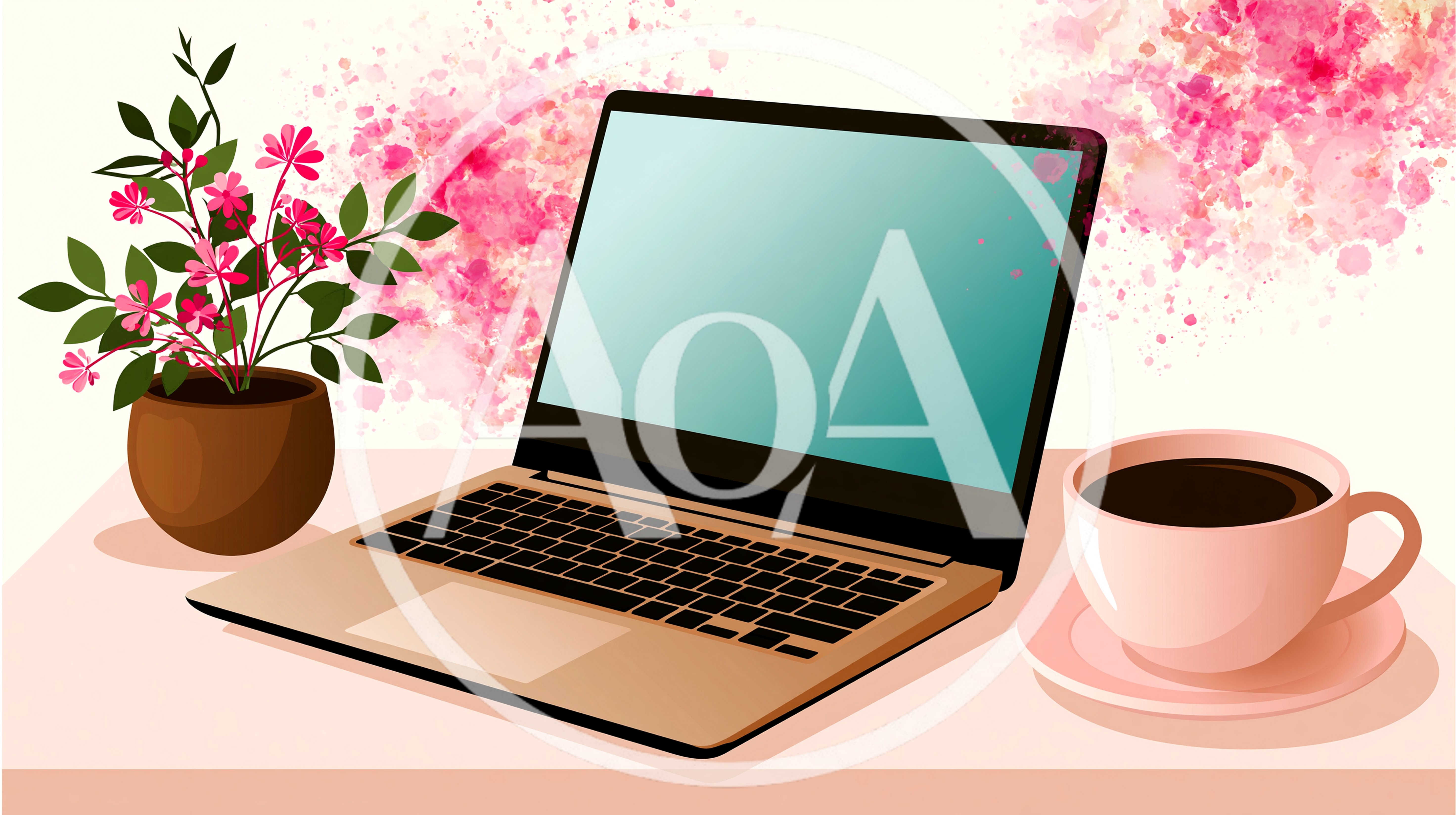 Laptop With Coffee And Flowers On Desk