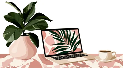 Minimalist Workspace With Laptop Plant And Coffee
