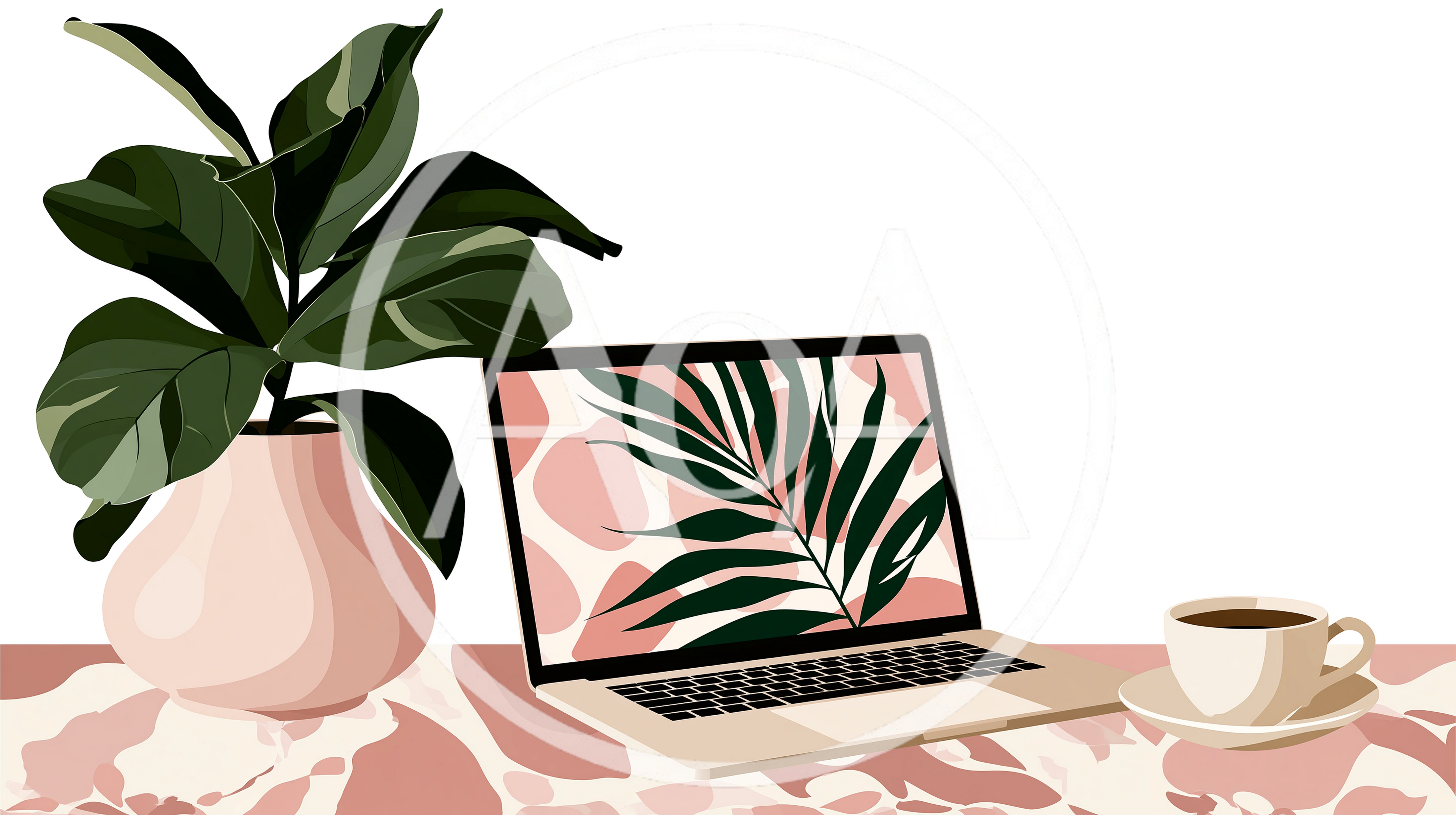Minimalist Workspace With Laptop Plant And Coffee