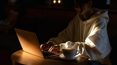 Young Woman Working on Laptop in Dimly Lit Cafe