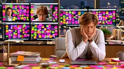 Stressed Businessman Working Late In Office With Multiple Monitors