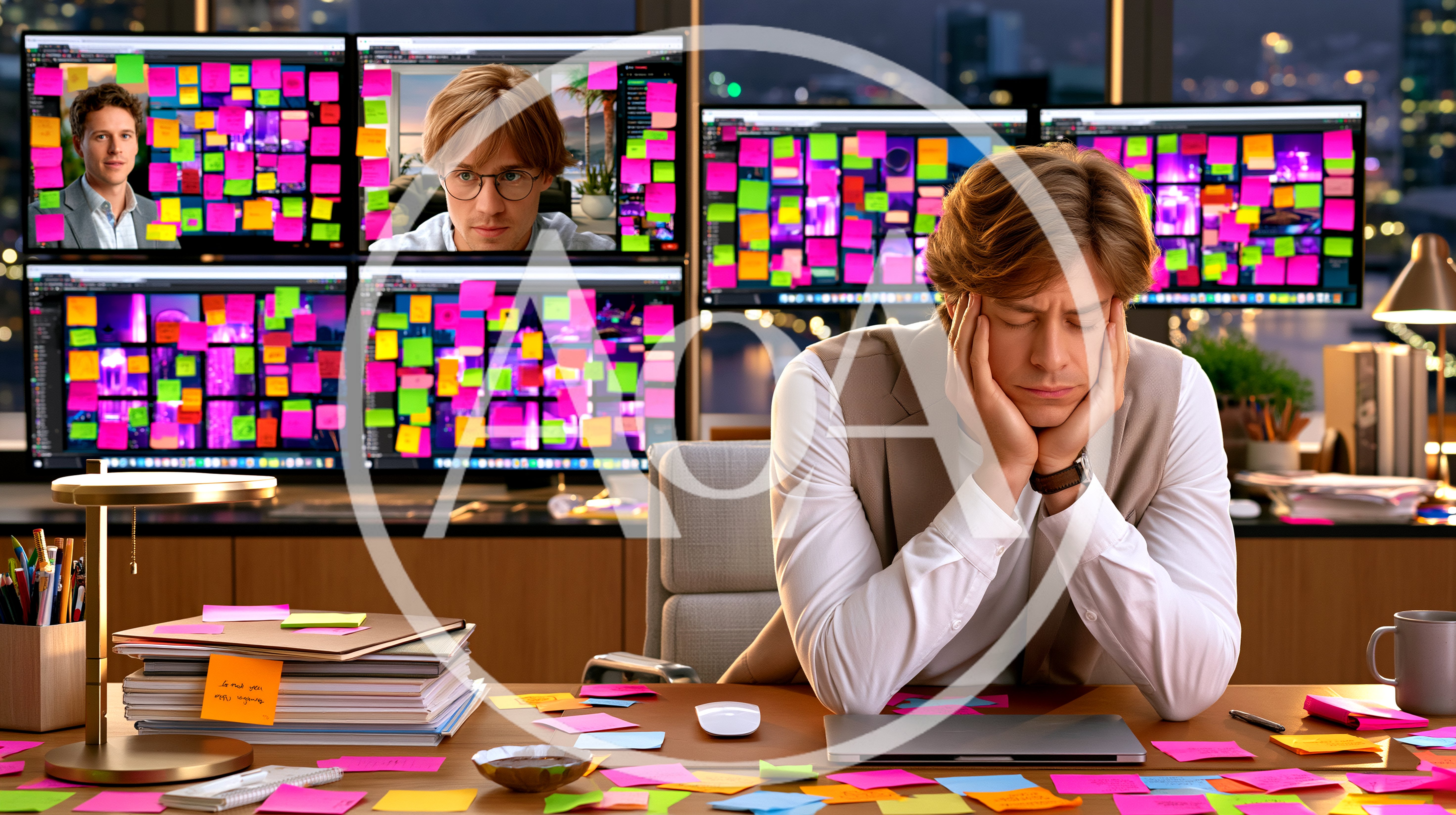 Stressed Businessman Working Late In Office With Multiple Monitors