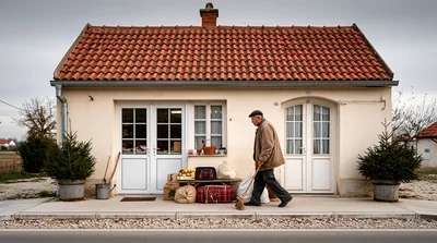 Elderly Man Sweeping Porch Outside Small Rural House
