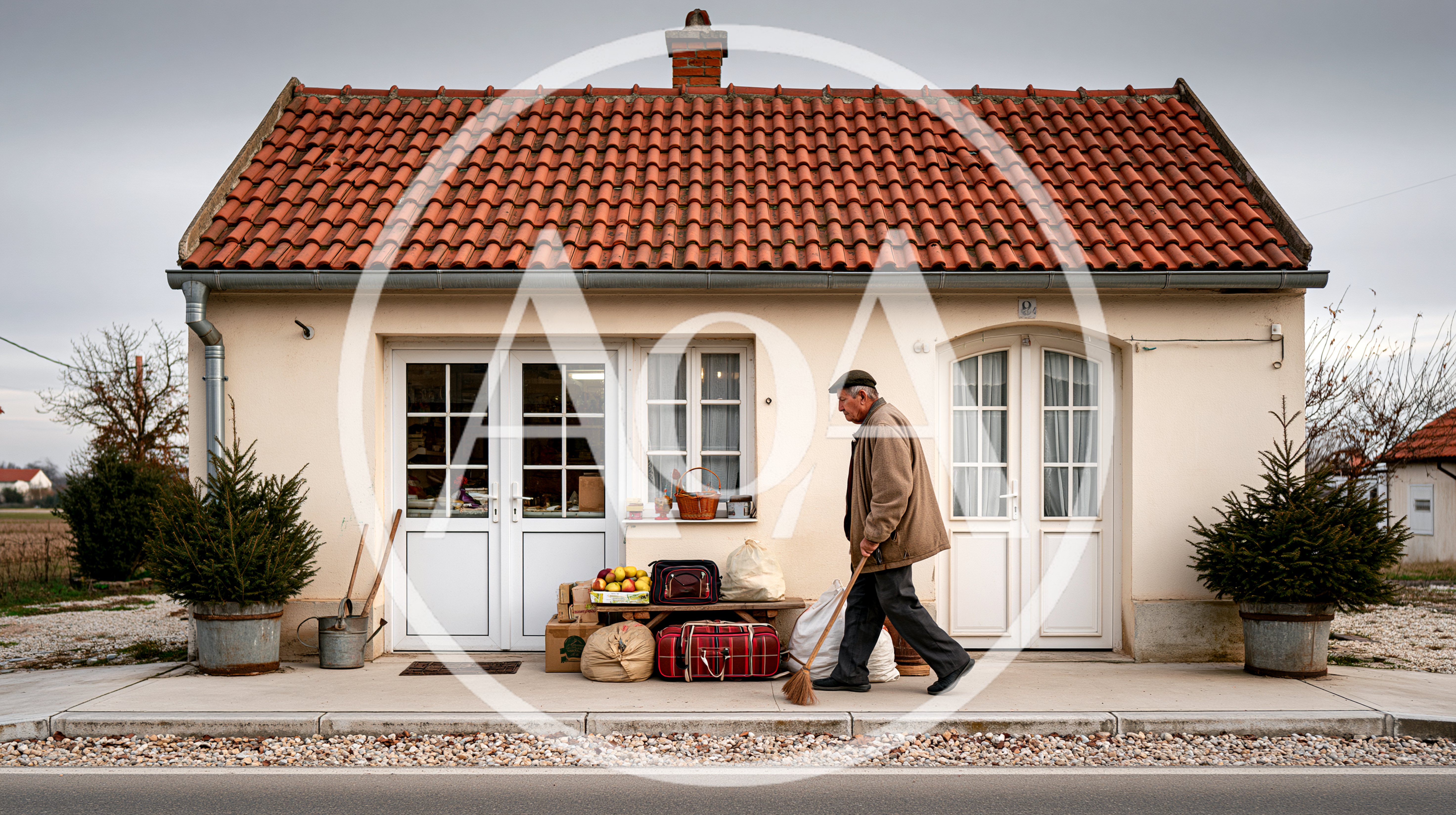 Elderly Man Sweeping Porch Outside Small Rural House