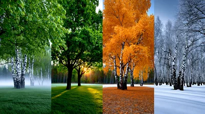 Four Seasons Collage Featuring Birch Trees In Nature