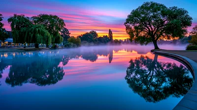 Serene Lake Reflection At Sunset With Fog
