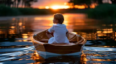 Young Child Sitting Alone in a Wooden Rowboat