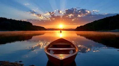 Empty Wooden Rowboat Floating On Calm Lake At Sunrise
