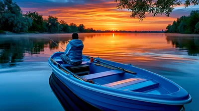 Lone Fisherman Sitting In A Blue Boat At Sunset