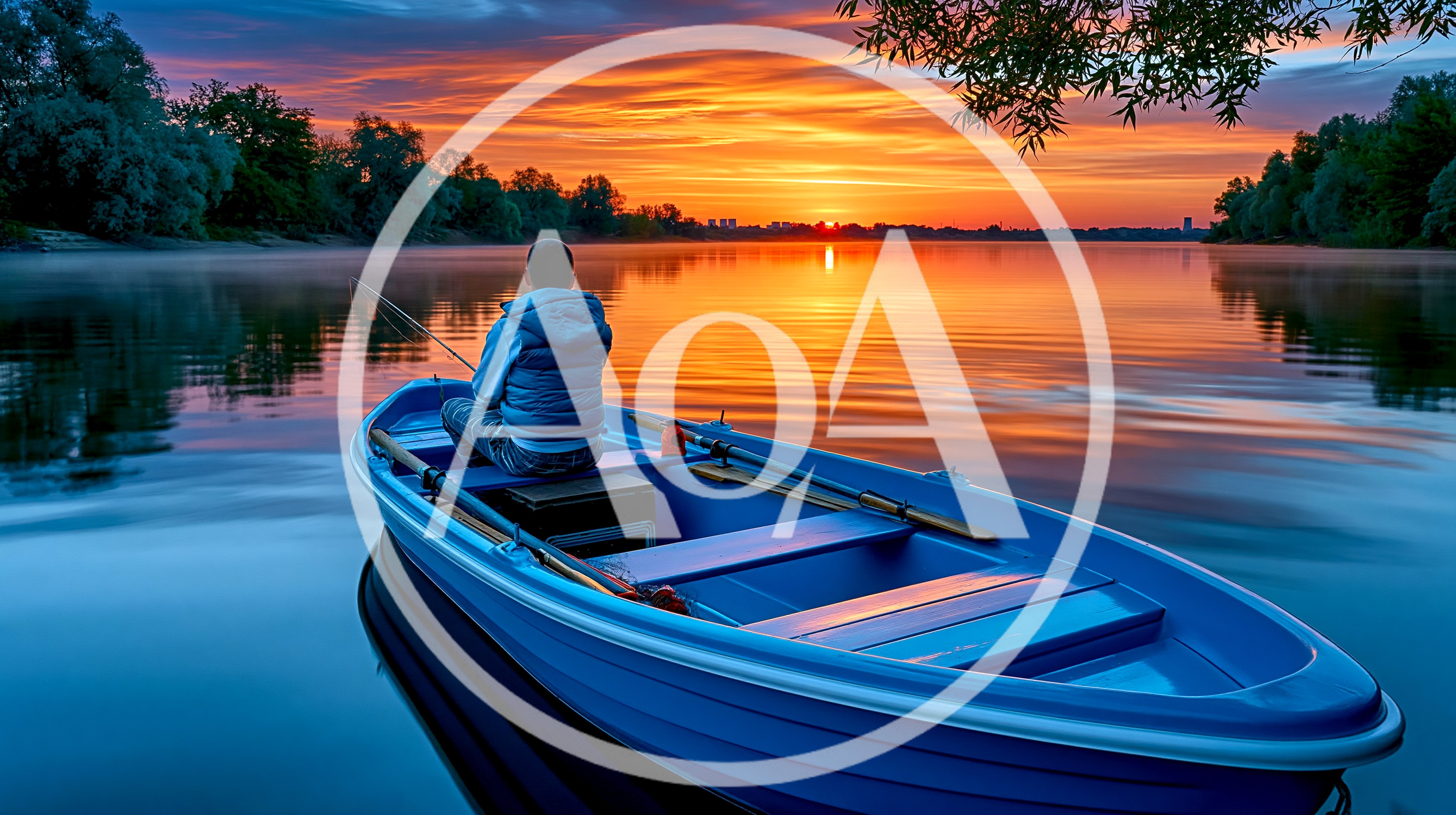 Lone Fisherman Sitting In A Blue Boat At Sunset