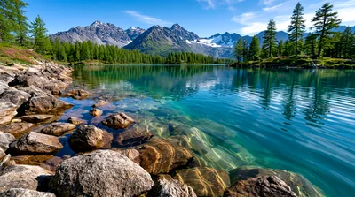 Crystal Clear Alpine Lake With Mountain Peaks