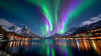 Vibrant Aurora Borealis Over Snowy Mountain Fjord