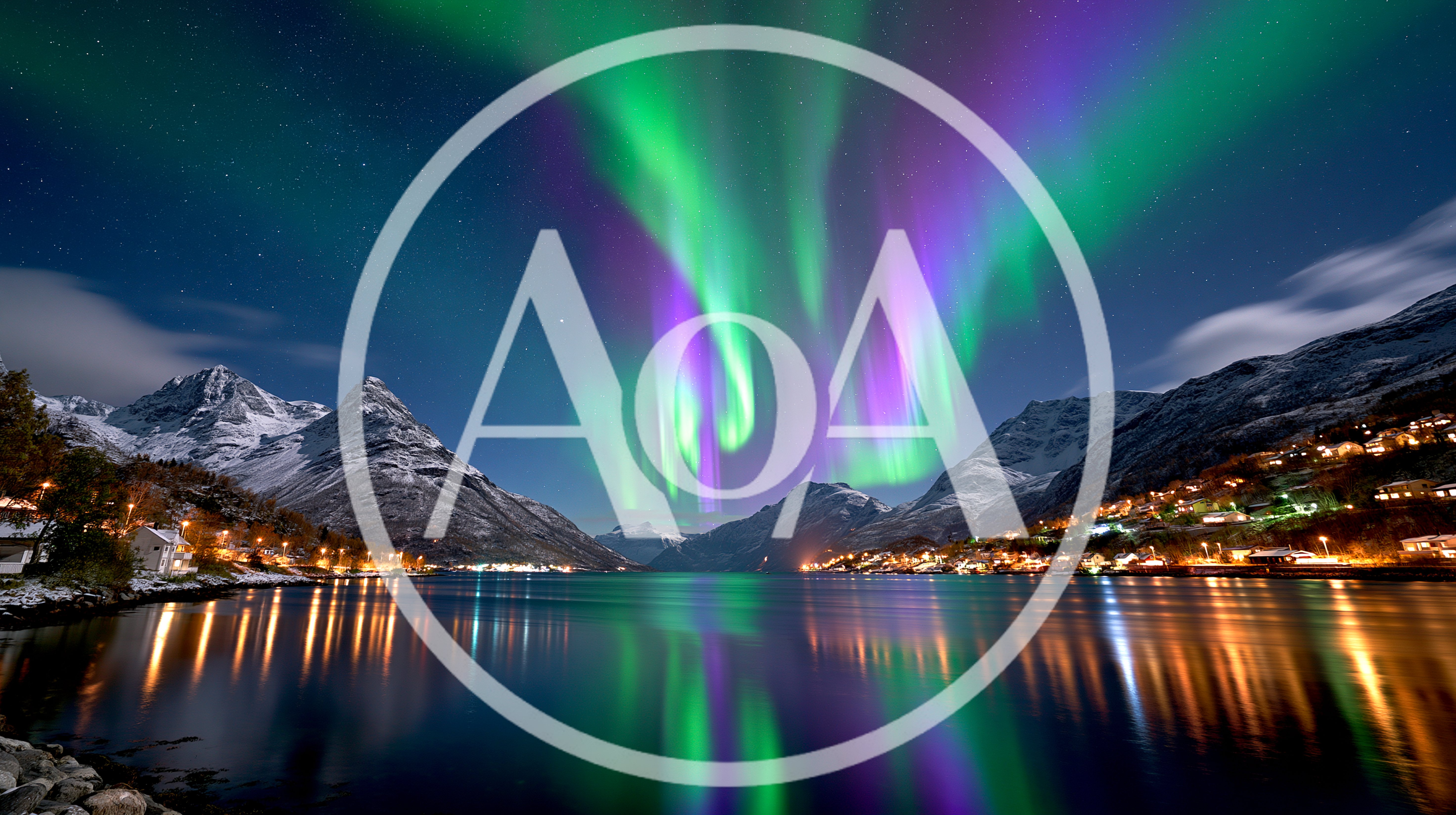 Vibrant Aurora Borealis Over Snowy Mountain Fjord