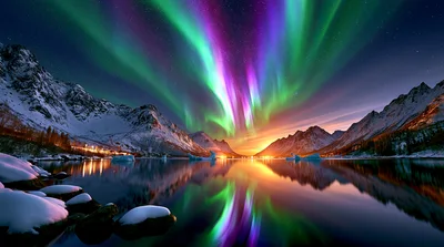 Vibrant Aurora Borealis Over Snowy Mountain Lake