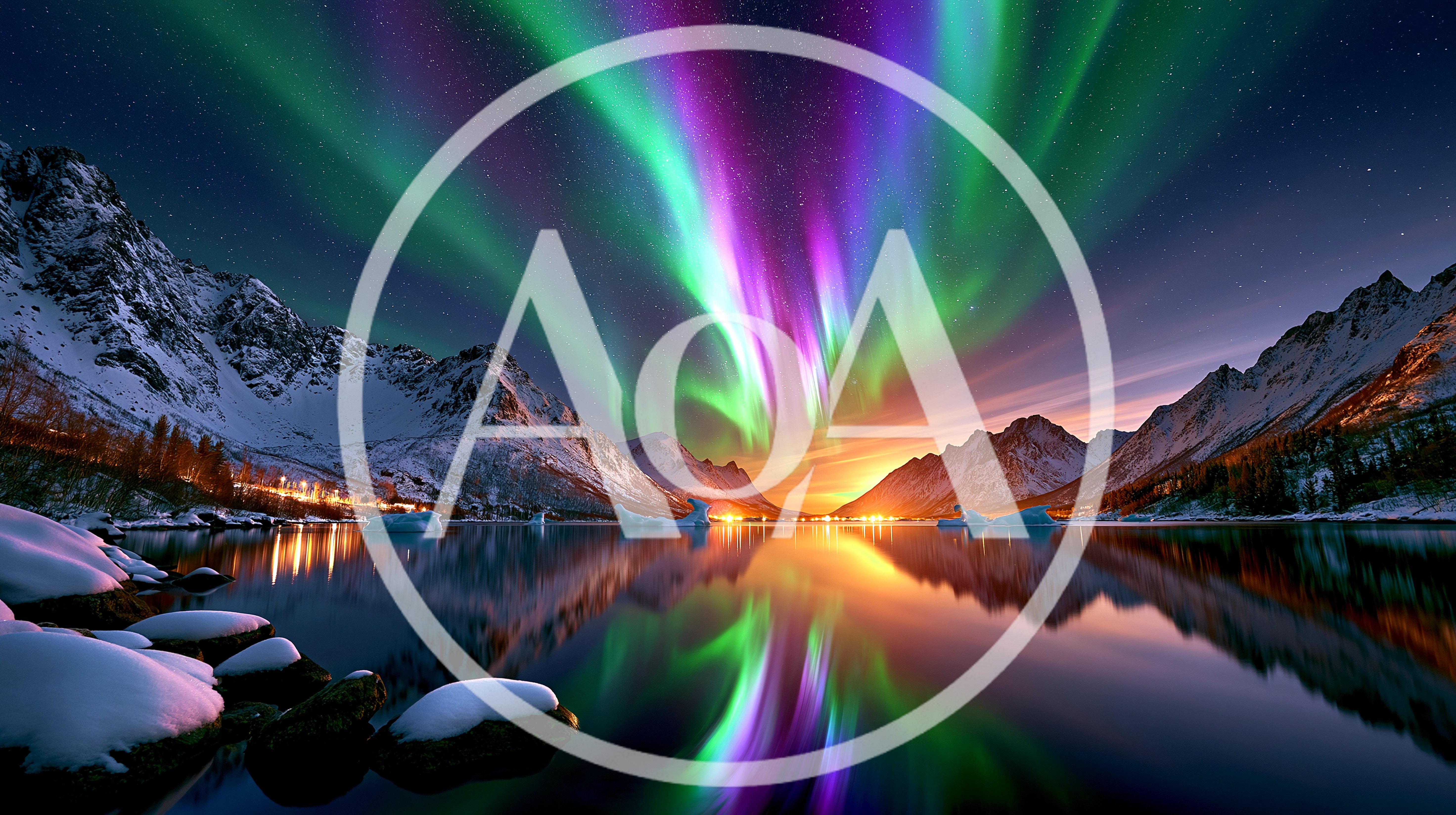 Vibrant Aurora Borealis Over Snowy Mountain Lake